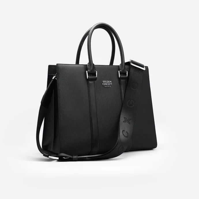 Black leather bag with golden latch